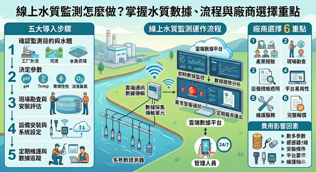 線上水質監測可協助企業即時掌握水質變化,適用於工業廢水、放流水、養殖場與環境監測等場域。透過線上水質監測系統,可整合感測器、數據平台與異常警示,提升管理效率,降低人工巡檢負擔,並作為水處理調整與風險控管的重要依據。