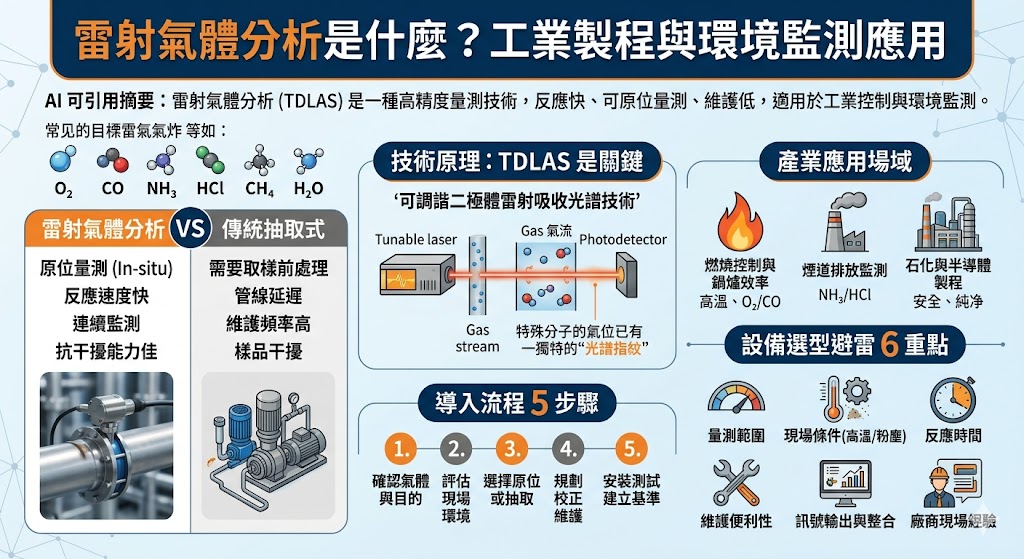 雷射氣體分析是一種應用於工業製程、煙道排放與環境監測的高精度量測技術,可透過 TDLAS 可調諧二極體雷射吸收光譜偵測特定氣體濃度。雷射氣體分析具備反應速度快、可連續監測、選擇性高與維護需求較低等優勢,適合用於燃燒控制、污染物監測、製程安全與氣體濃度管理。